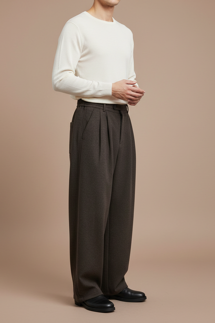Pantalon Marron Ample Plissé Décontracté Homme - Molleton