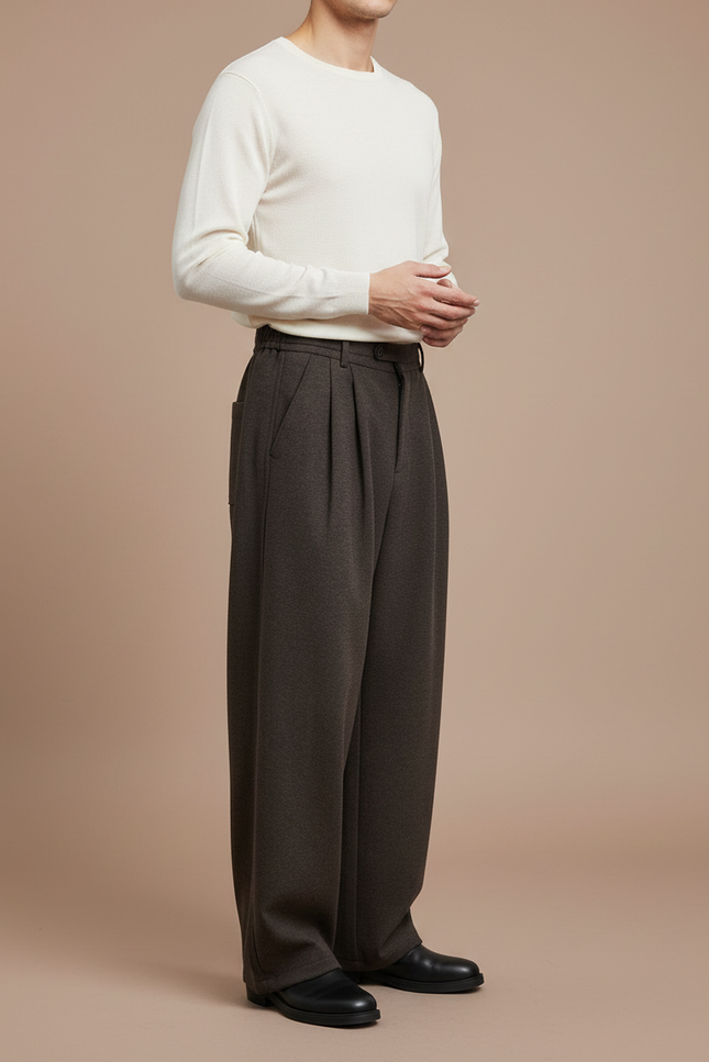 Pantalon Marron Ample Plissé Décontracté Homme - Molleton