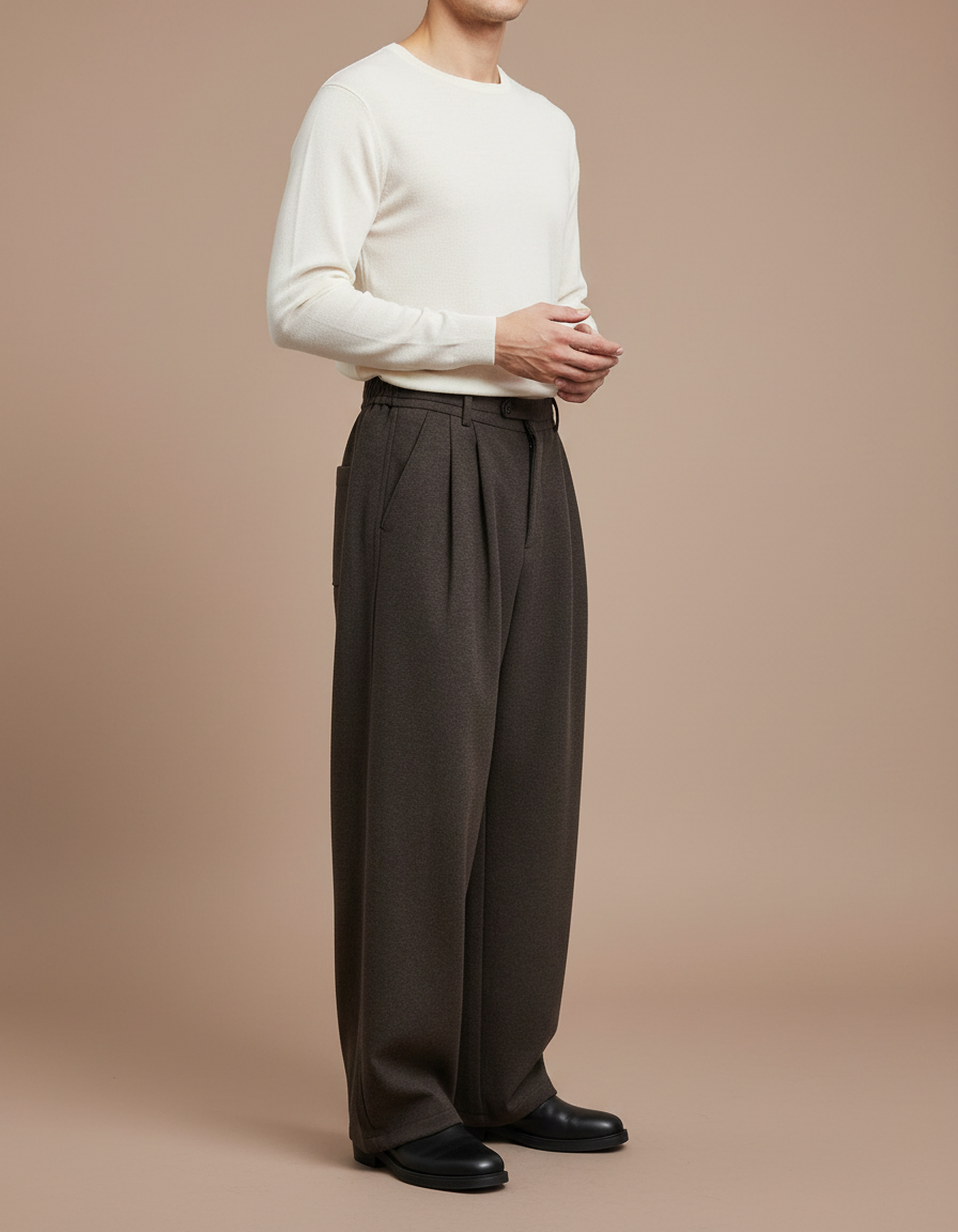 Pantalon Marron Ample Plissé Décontracté Homme - Molleton