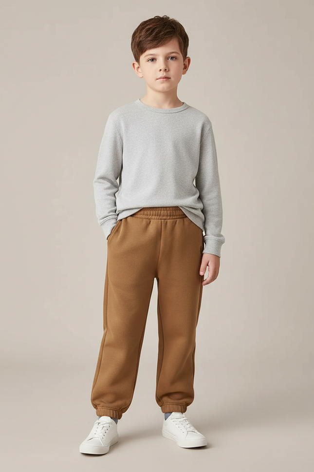 Pantalon Marron Enfant Molletonné Cordon Élastique Décontracté Doux