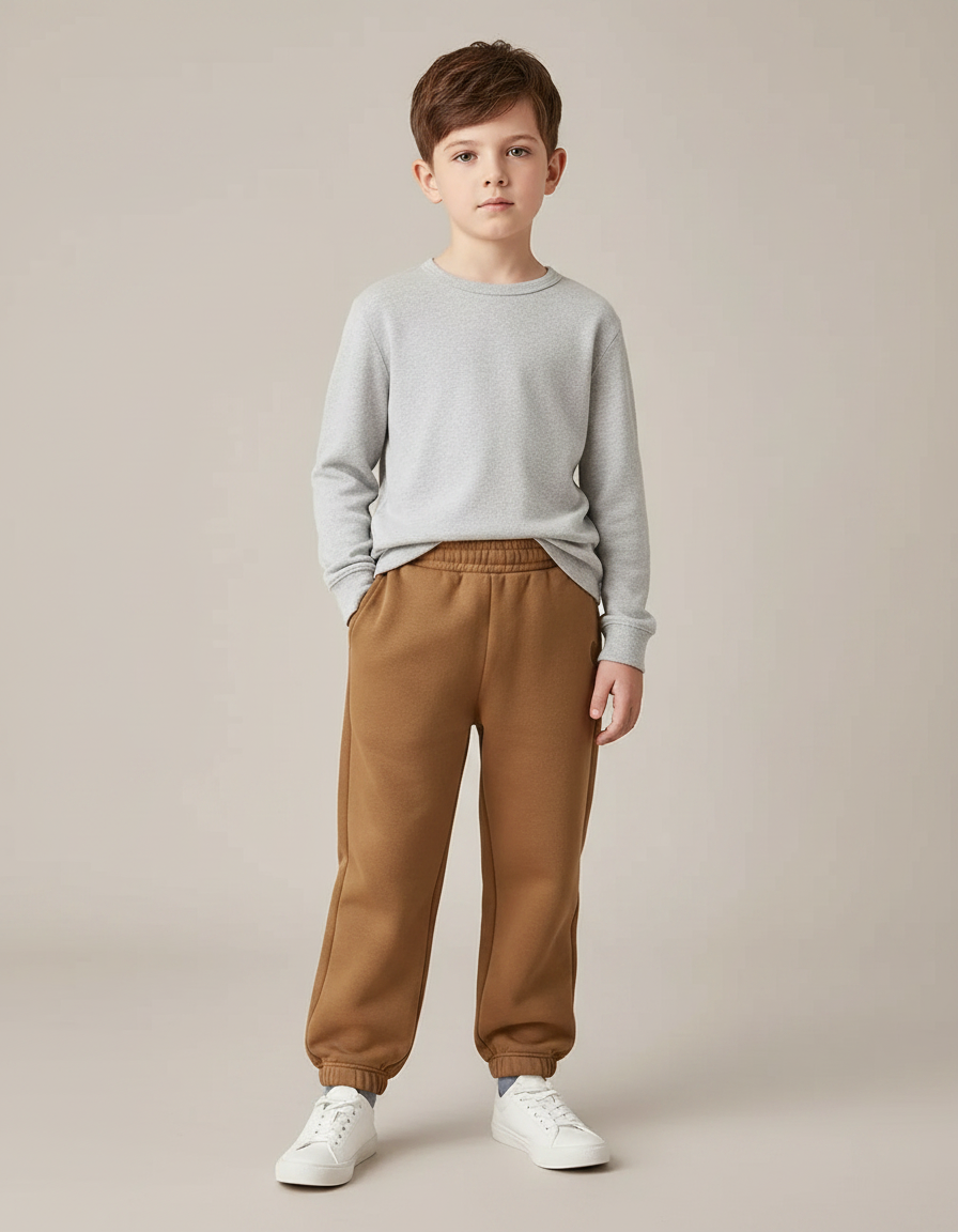 Pantalon Marron Enfant Molletonné Cordon Élastique Décontracté Doux