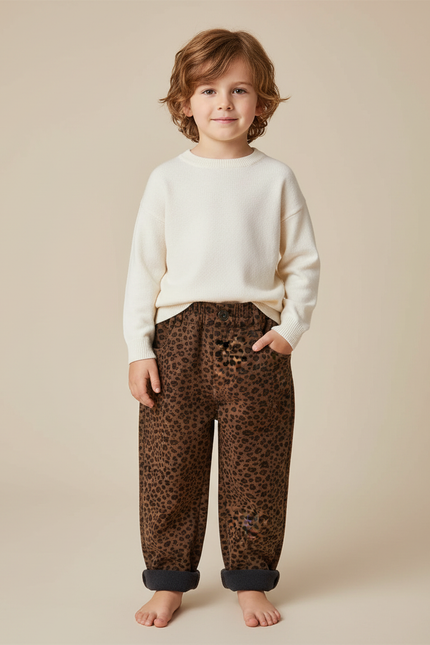 Pantalon Marron Léopard Molletonné Ample Enfant Hiver