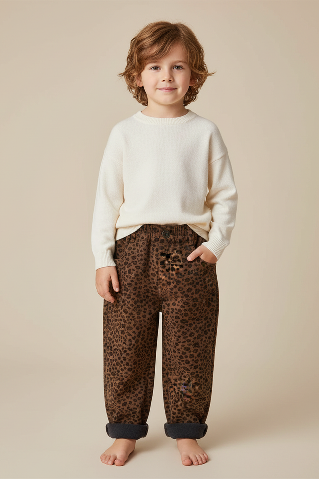 Pantalon Marron Léopard Molletonné Ample Enfant Hiver