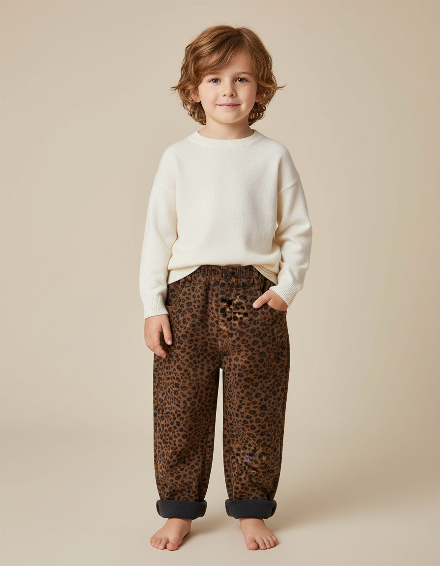 Pantalon Marron Léopard Molletonné Ample Enfant Hiver