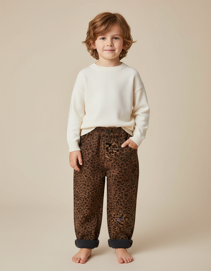 Pantalon Marron Léopard Molletonné Ample Enfant Hiver