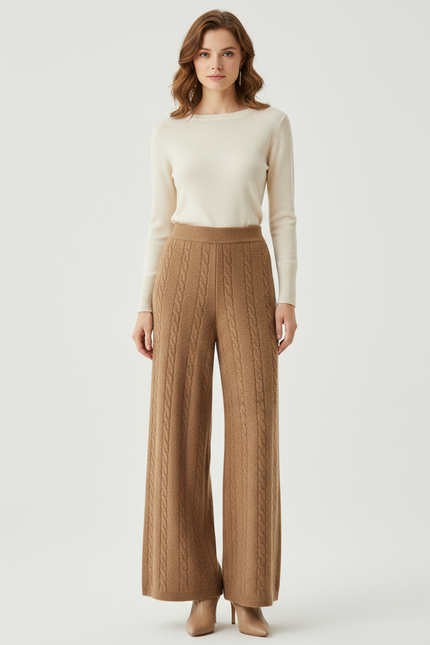 Pantalon Marron Laine Ample Cable Tricoté Femme