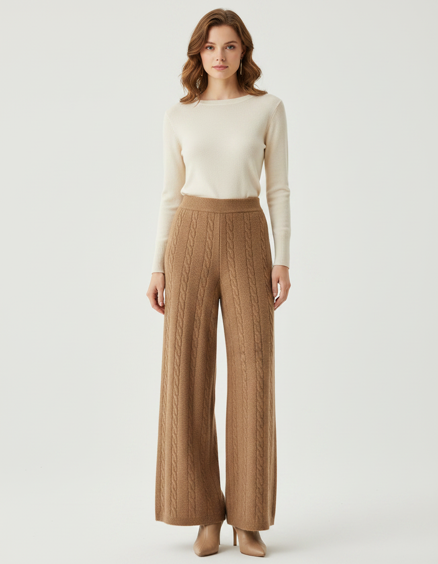 Pantalon Marron Laine Ample Cable Tricoté Femme