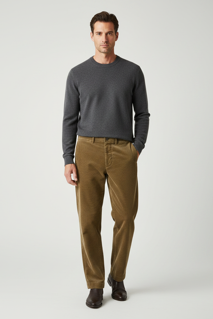 Pantalon Marron Côtelé Droit Vintage Décontracté Homme - Camel Cordé