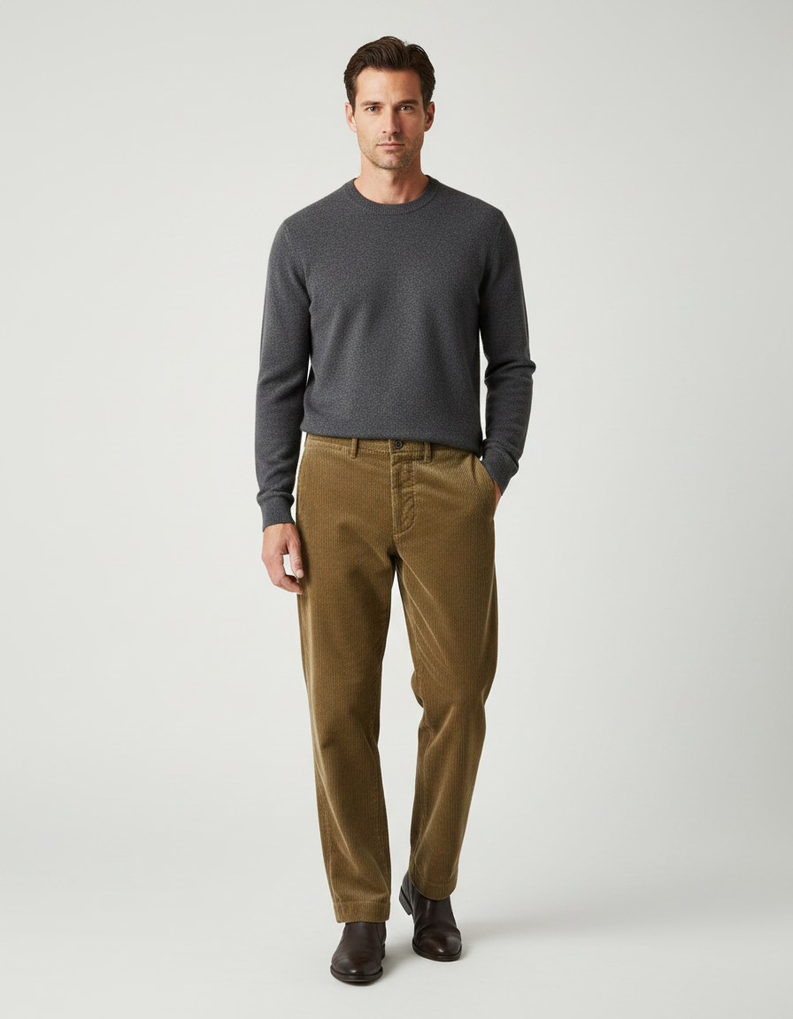 Pantalon Marron Côtelé Droit Vintage Décontracté Homme - Camel Cordé