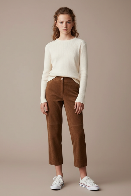 Pantalon Marron Daim Coupe Droite Élégant Décontracté - Cuir