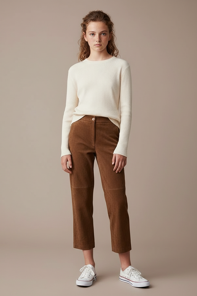 Pantalon Marron Daim Coupe Droite Élégant Décontracté - Cuir