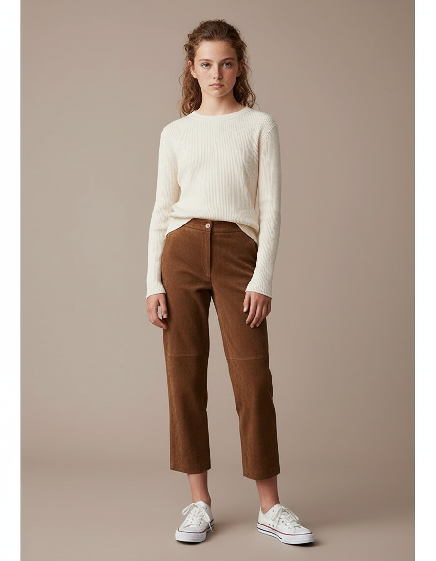 Pantalon Marron Daim Coupe Droite Élégant Décontracté - Cuir