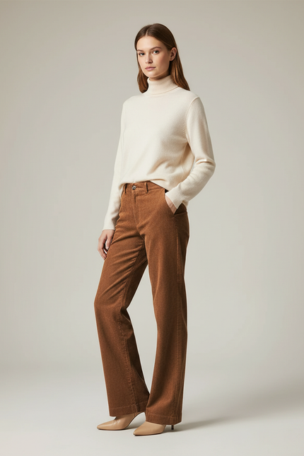 Pantalon Marron Côtelé Large Droit Décontracté Femme - Cordé