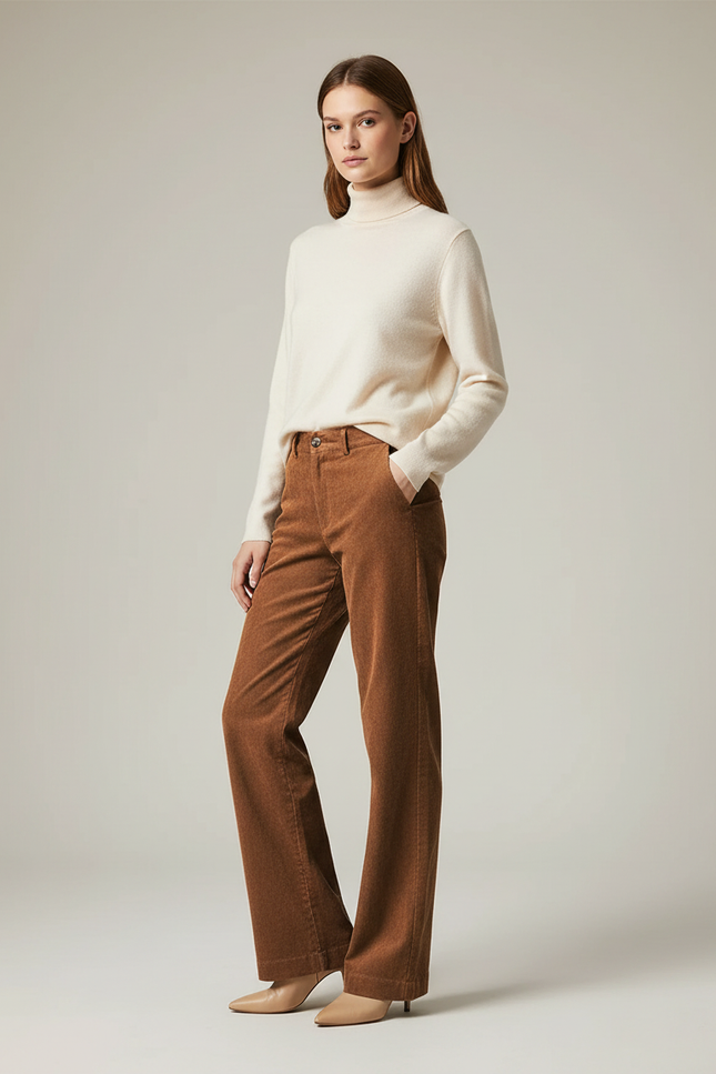 Pantalon Marron Côtelé Large Droit Décontracté Femme - Cordé