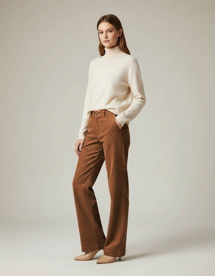 Pantalon Marron Côtelé Large Droit Décontracté Femme - Cordé