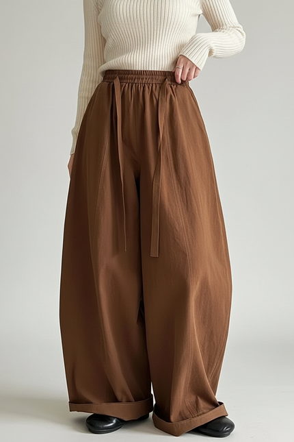 Pantalon Marron Ample Élastique Fluide Plissé Décontracté - Coton
