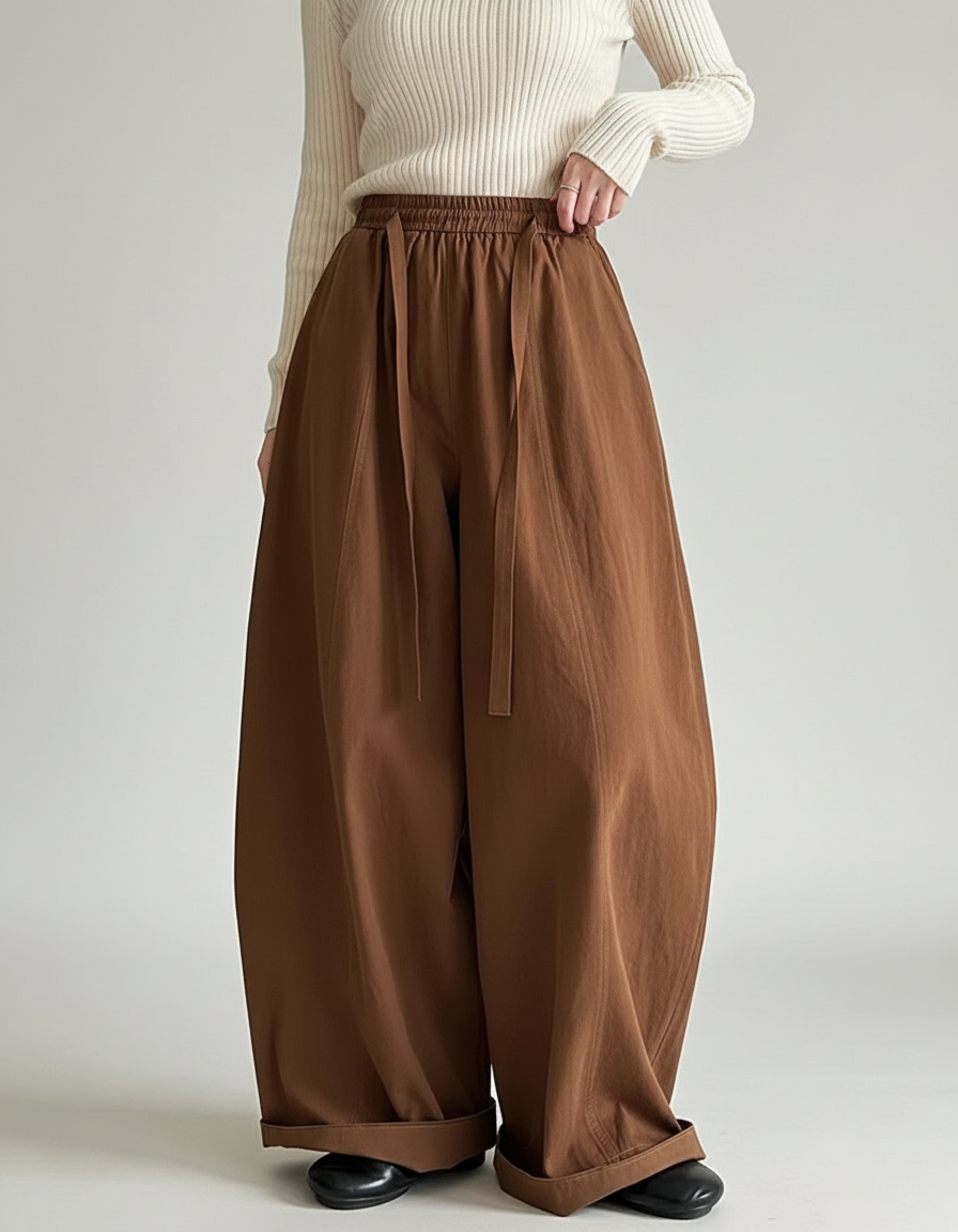 Pantalon Marron Ample Élastique Fluide Plissé Décontracté - Coton