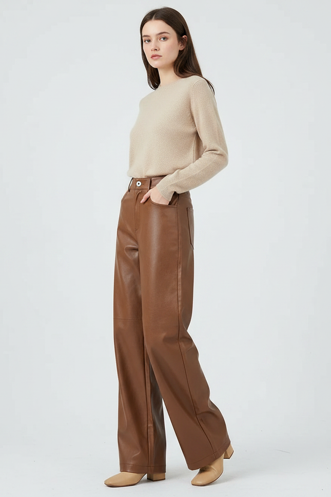 Pantalon Marron Similicuir Ample Taille Haute Élégant - Simili cuir