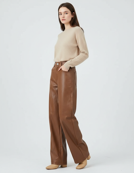 Pantalon Marron Similicuir Ample Taille Haute Élégant - Simili cuir