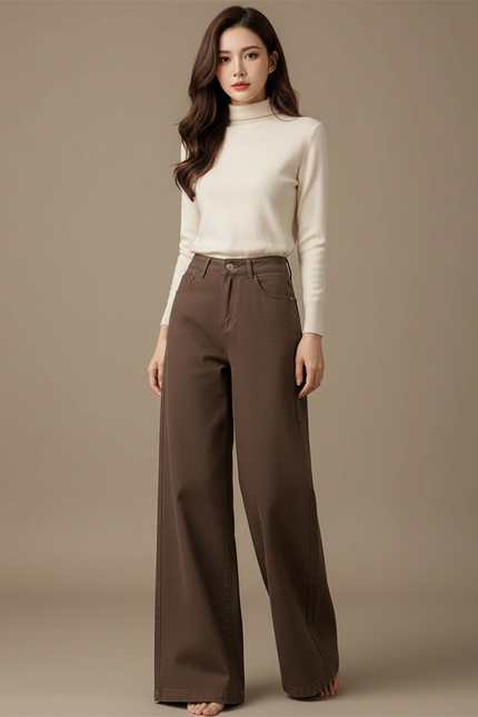 Pantalon Marron Ample Taille Haute Large Femme - Jean