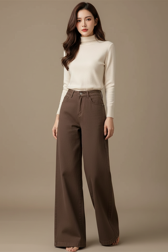Pantalon Marron Ample Taille Haute Large Femme - Jean