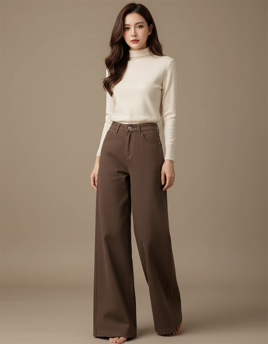 Pantalon Marron Ample Taille Haute Large Femme - Jean