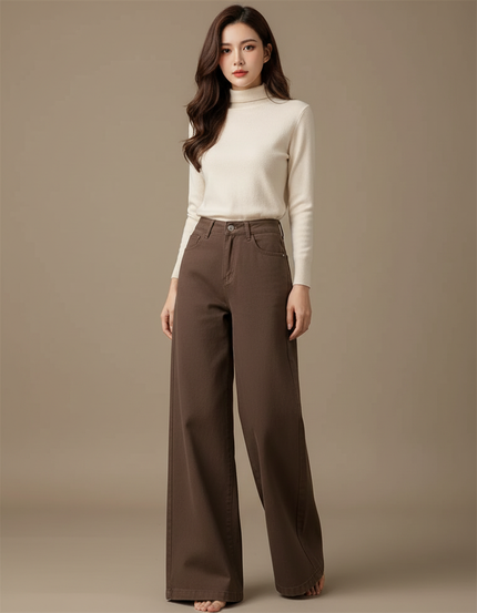 Pantalon Marron Ample Taille Haute Large Femme - Jean