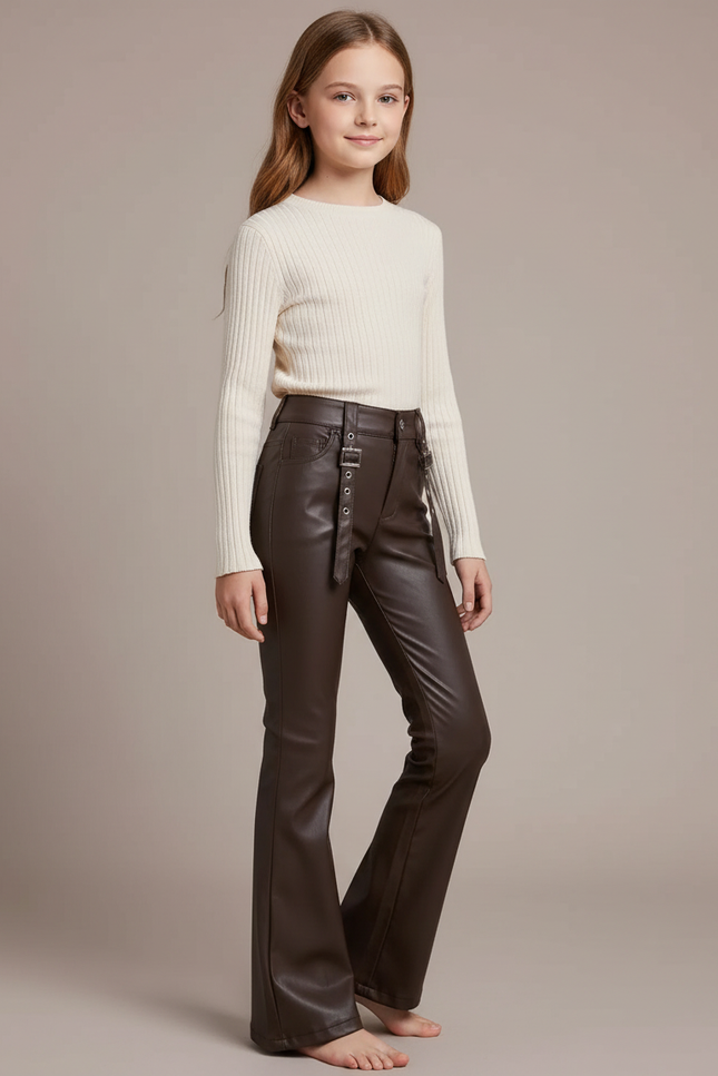 Pantalon Marron Similicuir Évasé Taille Haute Fille - Simili cuir