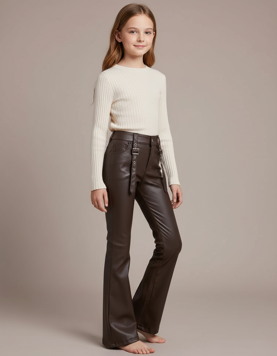 Pantalon Marron Similicuir Évasé Taille Haute Fille - Simili cuir