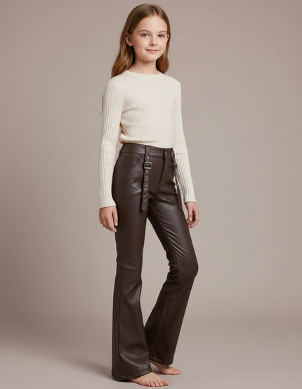 Pantalon Marron Similicuir Évasé Taille Haute Fille - Simili cuir