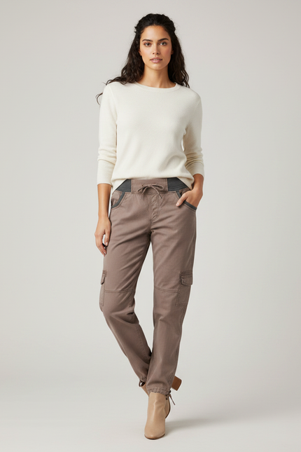 Pantalon Marron Cargo Coton Stretch Femme Décontracté