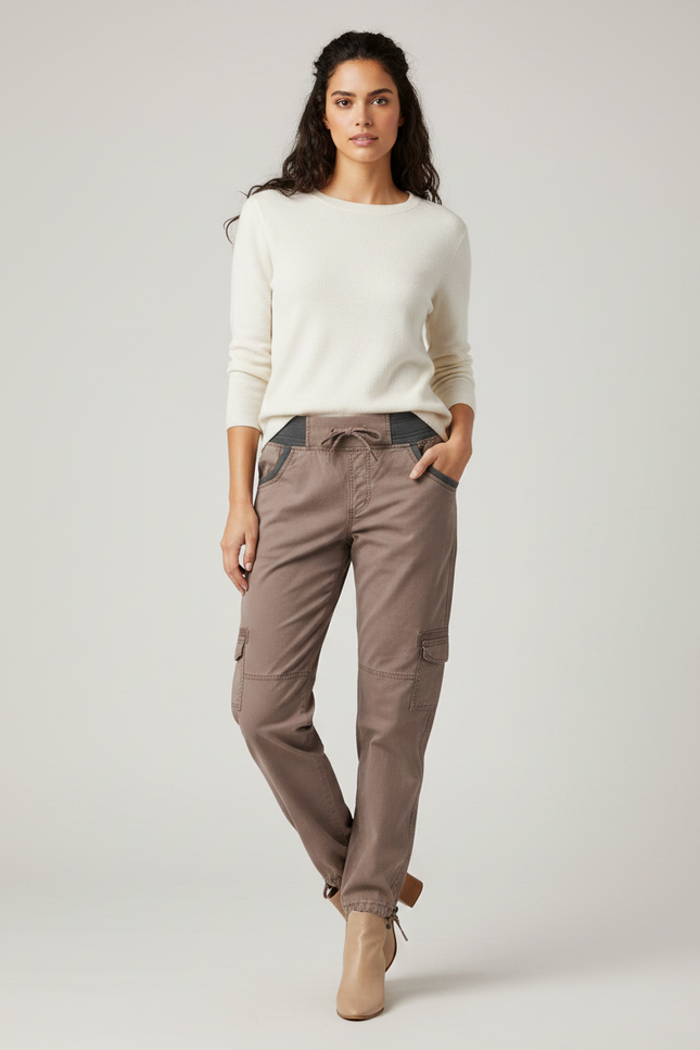 Pantalon Marron Cargo Coton Stretch Femme Décontracté