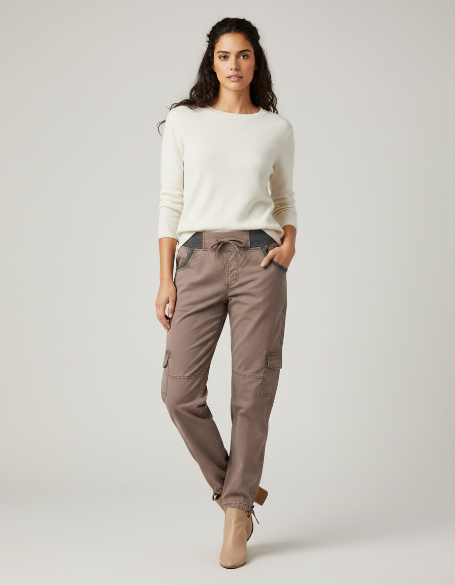Pantalon Marron Cargo Coton Stretch Femme Décontracté
