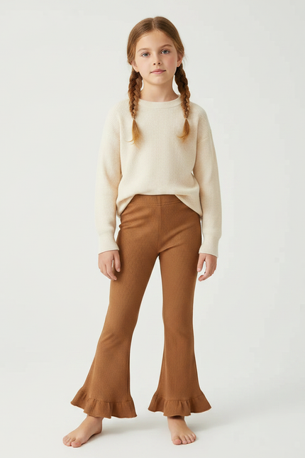 Pantalon Marron Côtelé Évasé Volants Fille - Maille