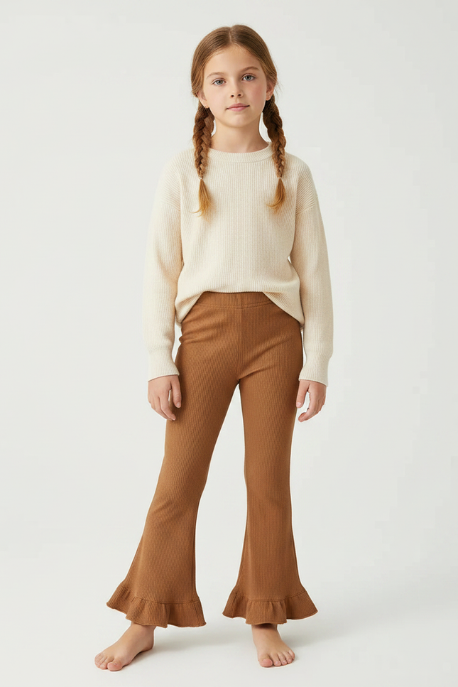 Pantalon Marron Côtelé Évasé Volants Fille - Maille