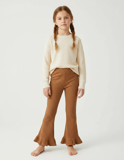 Pantalon Marron Côtelé Évasé Volants Fille - Maille