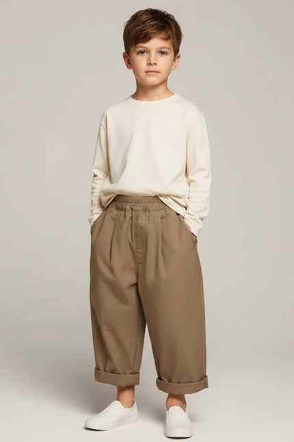 Pantalon Marron Ample Coton Élastique Décontracté Garçon - Kaki
