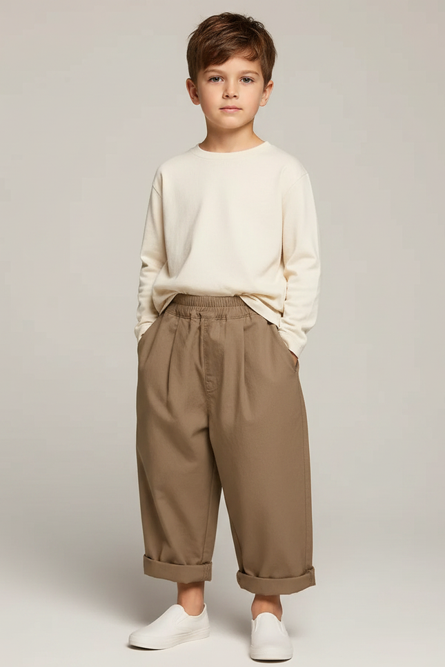Pantalon Marron Ample Coton Élastique Décontracté Garçon - Kaki