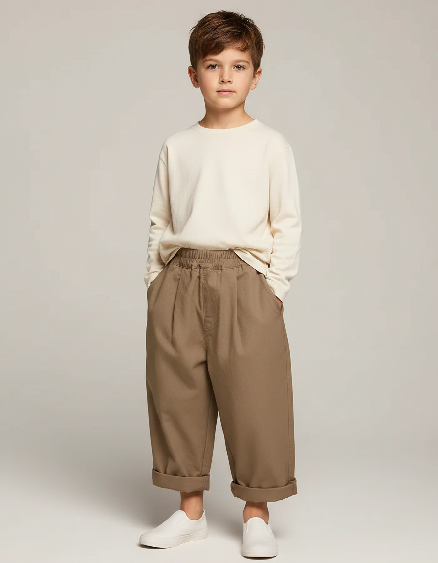 Pantalon Marron Ample Coton Élastique Décontracté Garçon - Kaki