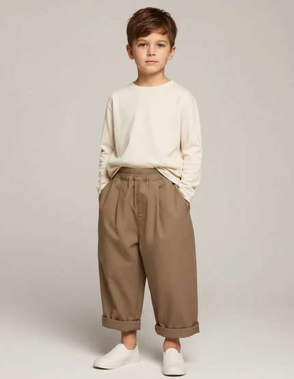 Pantalon Marron Ample Coton Élastique Décontracté Garçon - Kaki