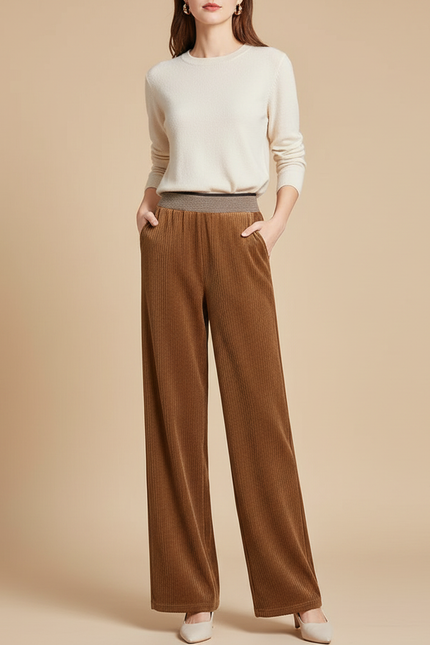 Pantalon Marron Côtelé Droit Ample Décontracté Hiver - Cordé