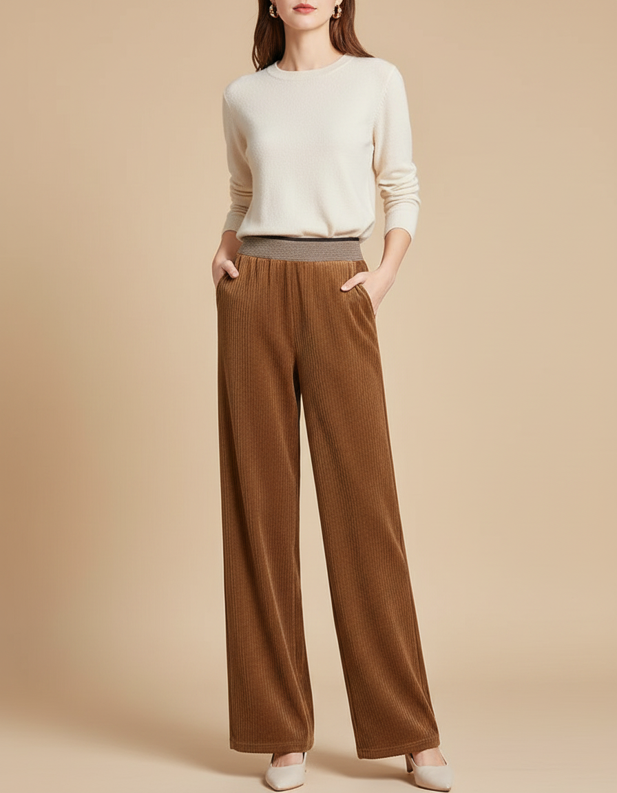 Pantalon Marron Côtelé Droit Ample Décontracté Hiver - Cordé