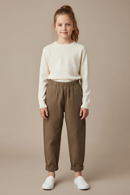 Pantalon Marron Ample Coton Élastique Enfant Décontracté - Kaki Molleton