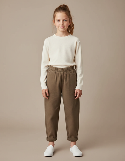 Pantalon Marron Ample Coton Élastique Enfant Décontracté - Kaki Molleton