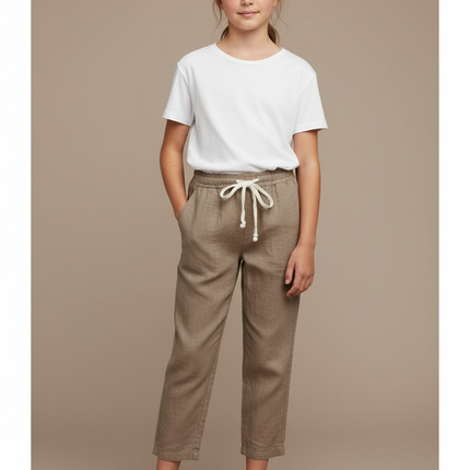 Pantalon Marron Coton Lin Ample Décontracté Cordon - Kaki