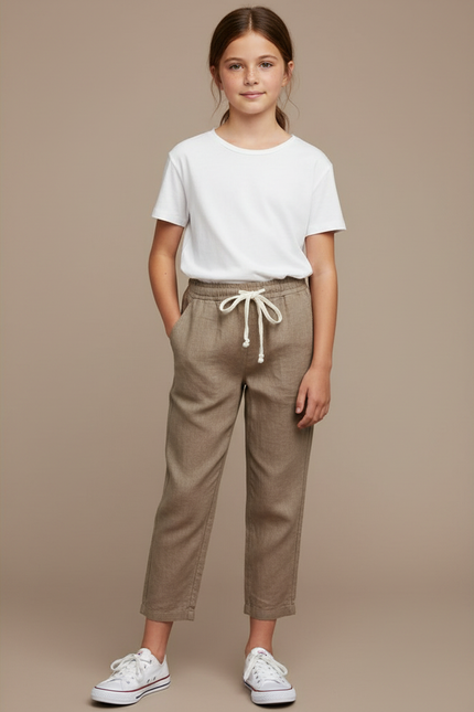Pantalon Marron Coton Lin Ample Décontracté Cordon - Kaki