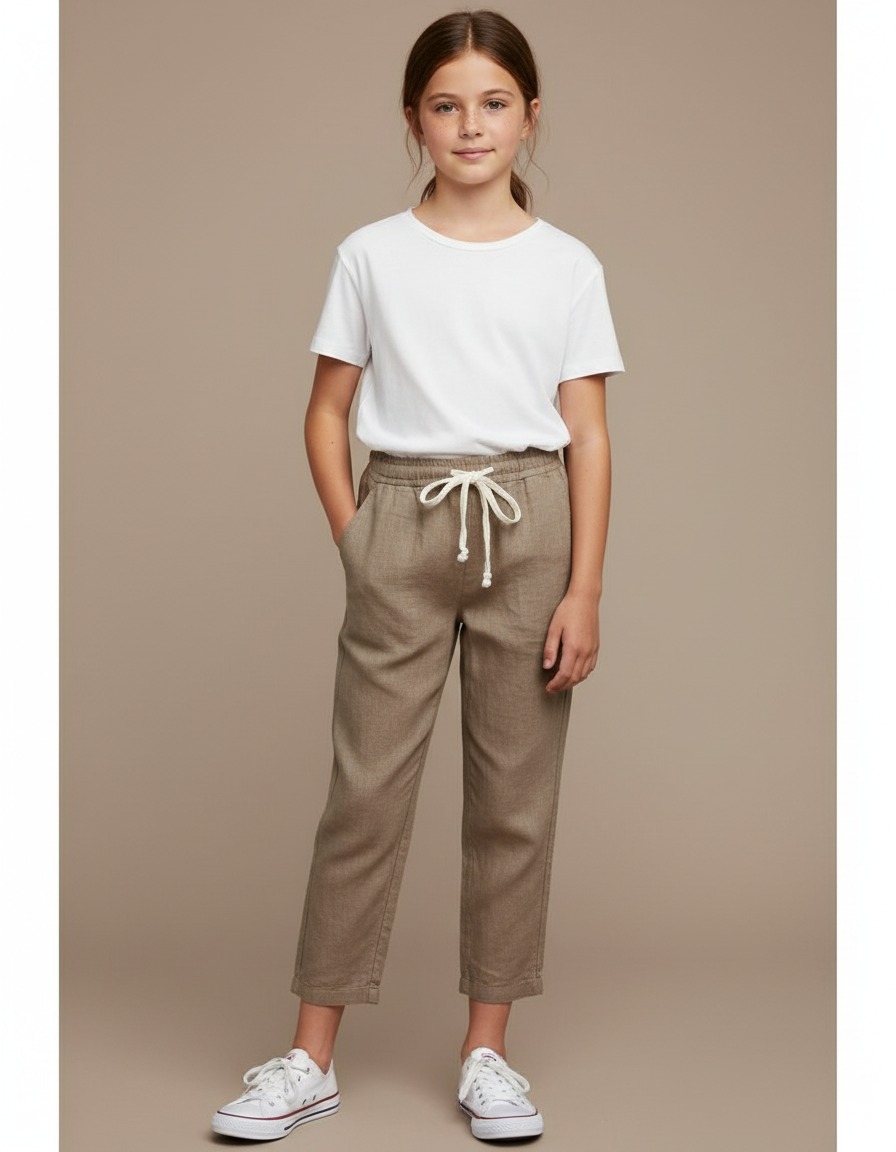 Pantalon Marron Coton Lin Ample Décontracté Cordon - Kaki