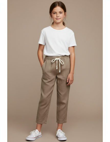 Pantalon Marron Coton Lin Ample Décontracté Cordon - Kaki