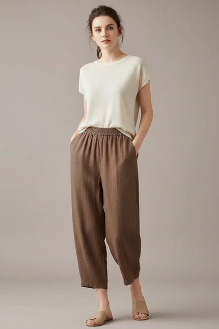 Pantalon Marron Lin Ample Élastique Femme Décontracté