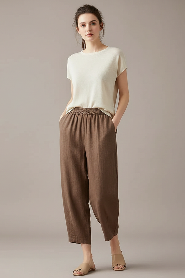 Pantalon Marron Lin Ample Élastique Femme Décontracté